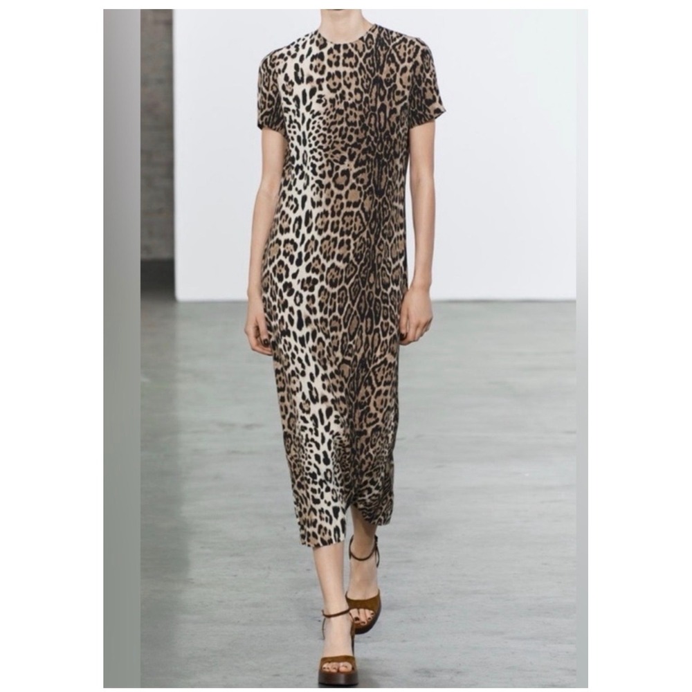 Zara Leopard Print Midi Dress Medium Brown New Short Sleeve Column Back Slit